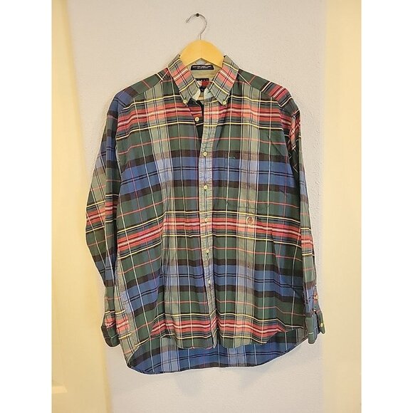 VTG Tommy Hilfiger Button Up Shirt L Crest Logo 90s Green Blue Plaid Long Sleeve - Picture 1 of 7